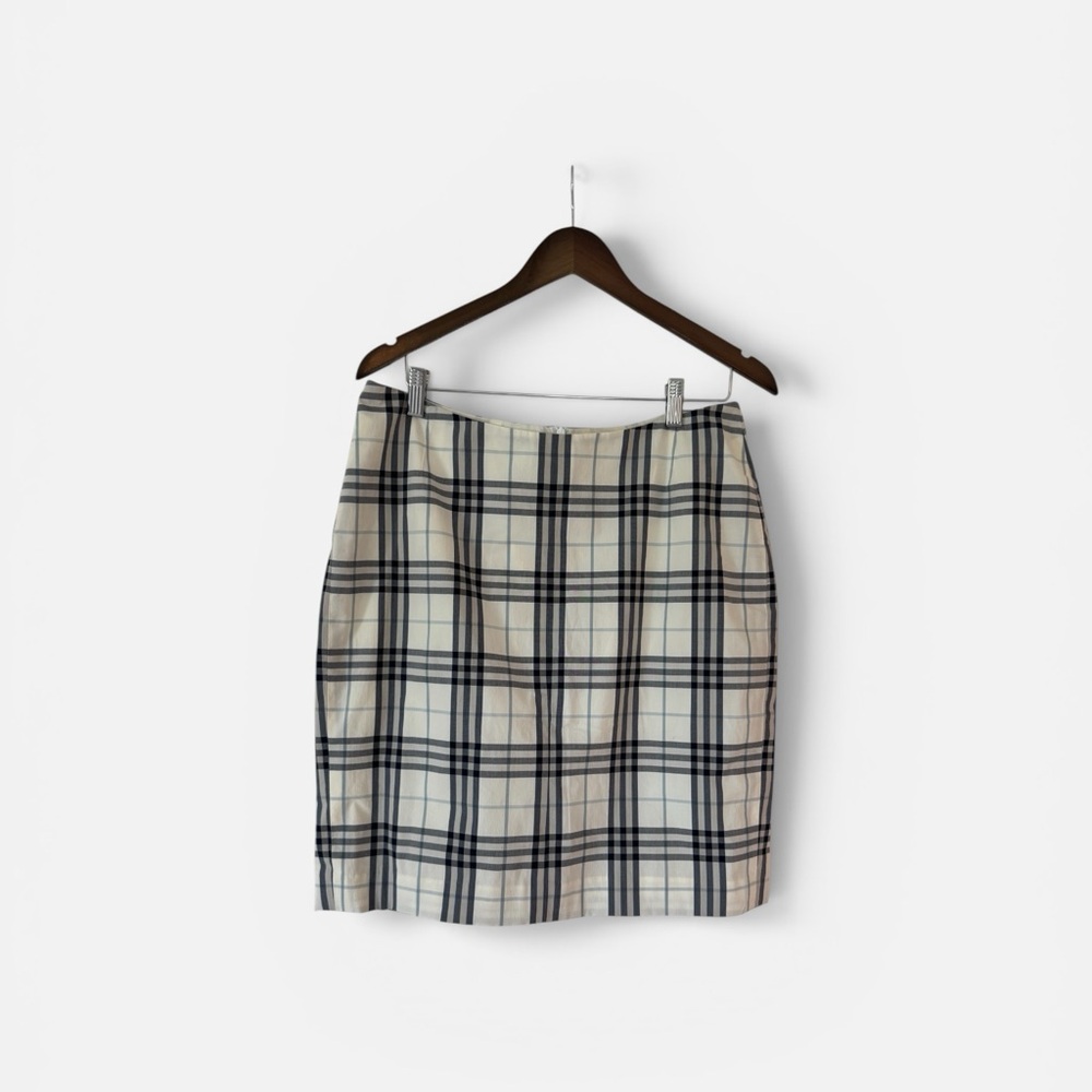 Burberry Cream Plaid Pencil Skirt with Navy and Tan Check